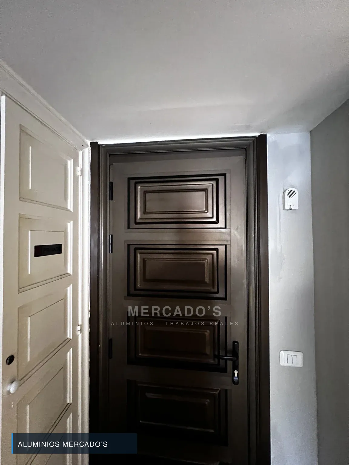 Puerta de entrada marrón con paneles en relieve